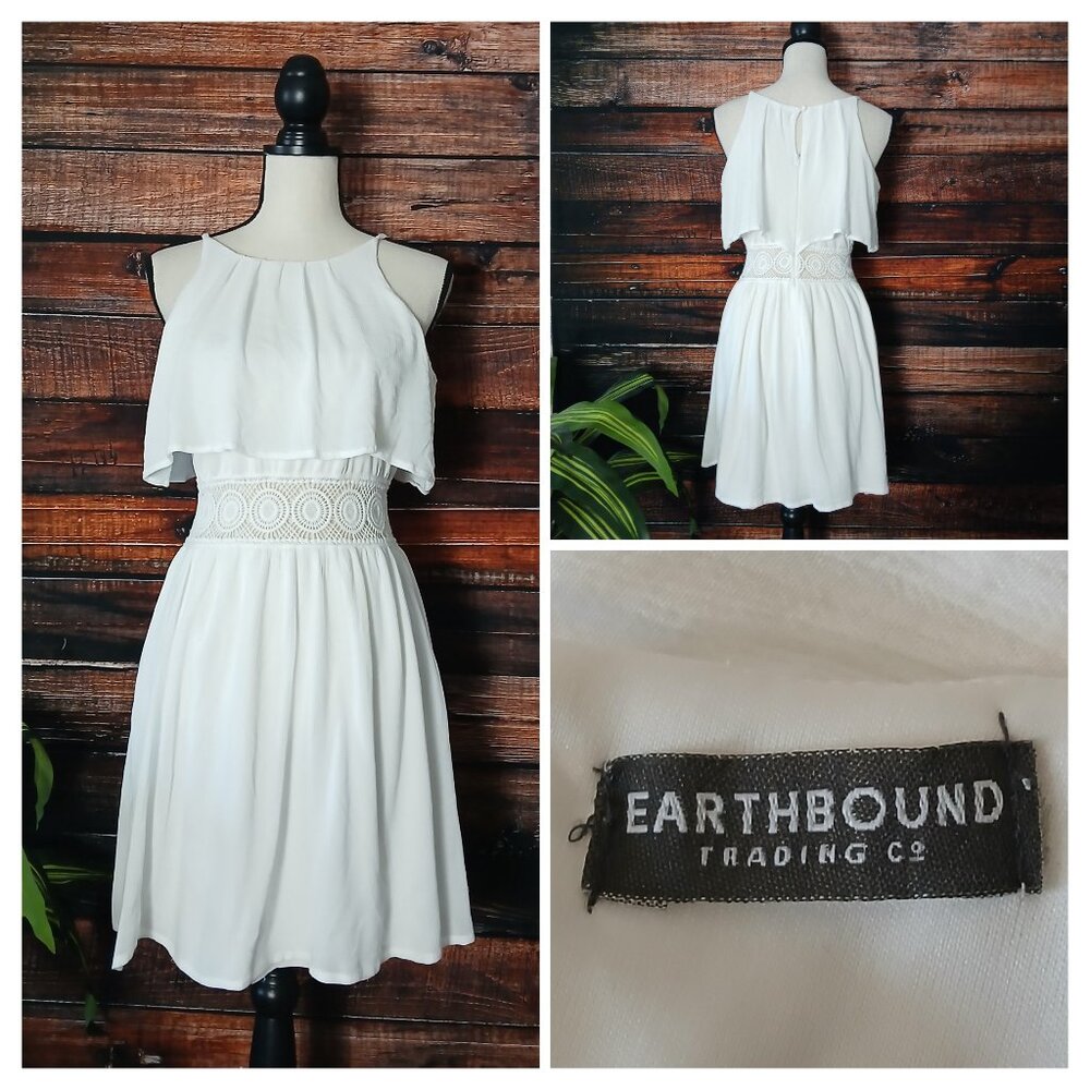 Earthbound Trading Co Dress M Layered Crochet Waist Boho White Viscose Lined